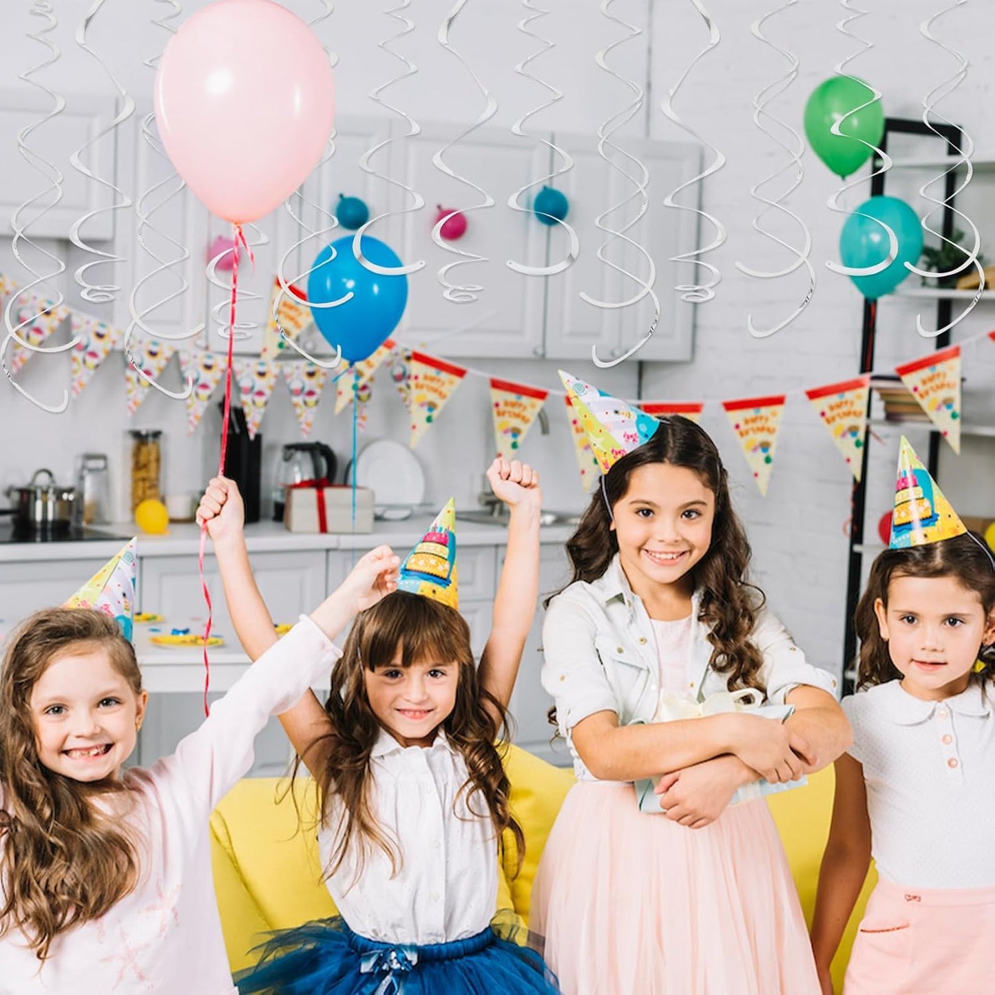 24 PCS Silver Foil Hanging Swirl, Sparkle Ceiling Hanging Decorations, Plastic Streamer Party Decorations, Swirl Decorations with Double-Swirls and Single-Swirls for Birthday, Baby Shower, New Years