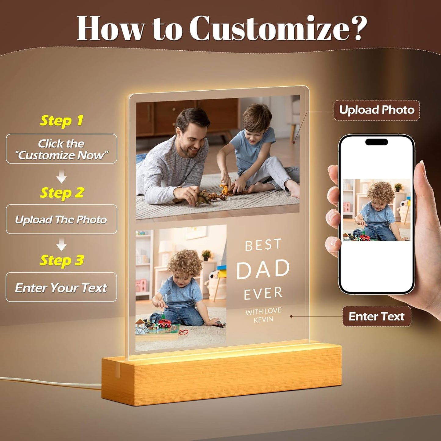 Custom Picture Frames with Photo, Personalized Photo Frame with Night Light, Customized Picture Frames, Custom Photo Gifts, Personalized Birthday Gifts for Dad, Baby, Kids, Family