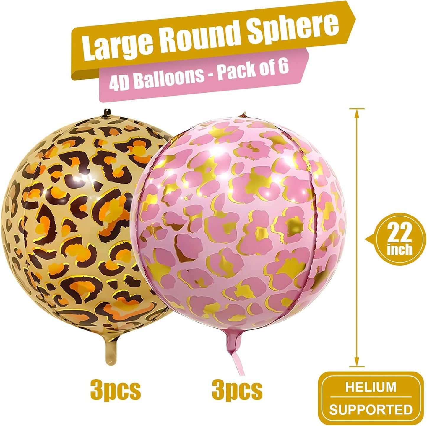 6Pcs Gold and Pink Cheetah Print Foil Balloons, 22inch 4D Leopard Theme Balloons, Large Round Ball Animal Foil Balloon for Cheetah Zoo Themed Wild Jungle Birthday Party Backdrop Decorations