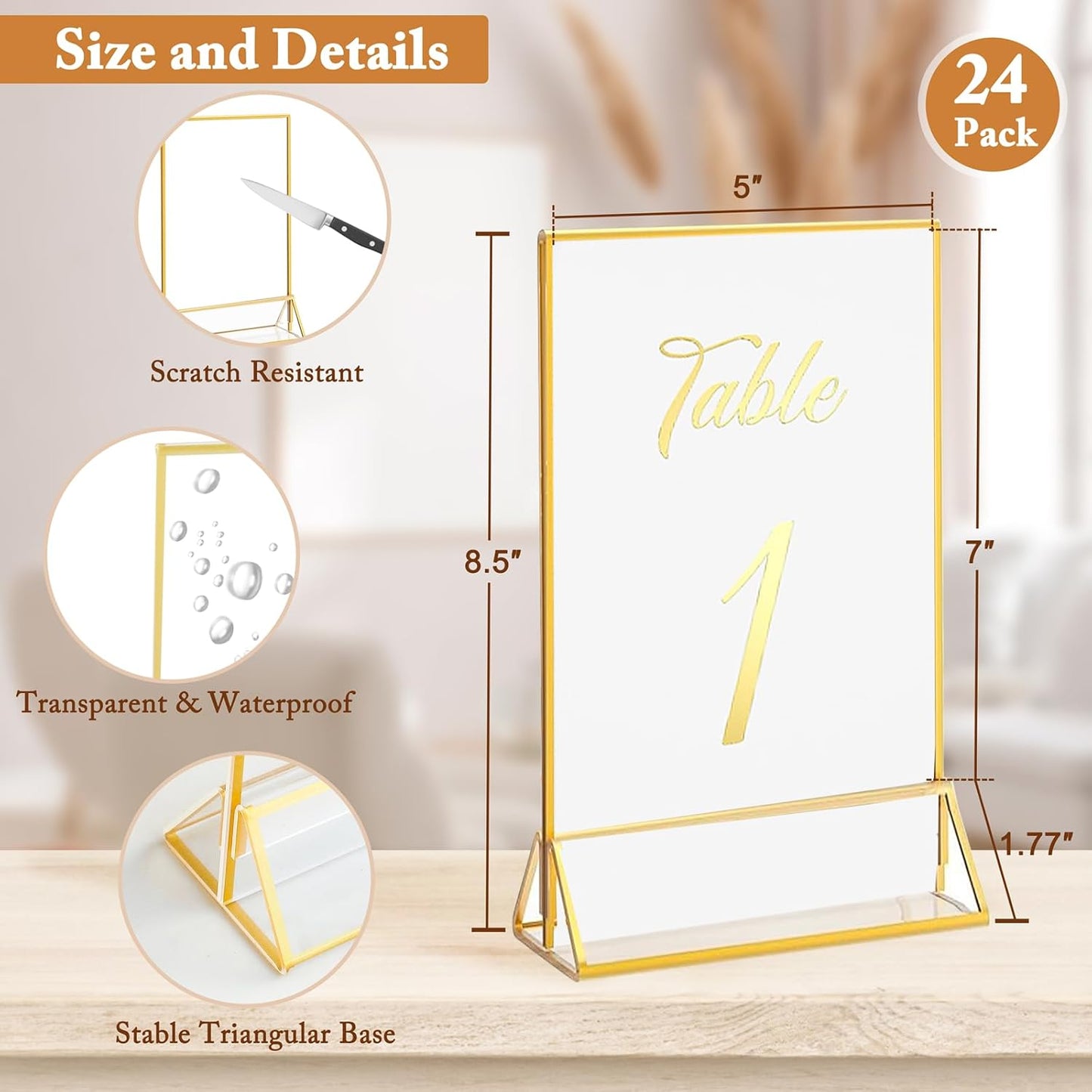 Floroom 24 Pack 5x7 Inch Clear Acrylic Sign Holders, Double-Sided Gold Display Stand Picture Frames for Table Numbers, Menus, Flyers, Weddings, and Offices