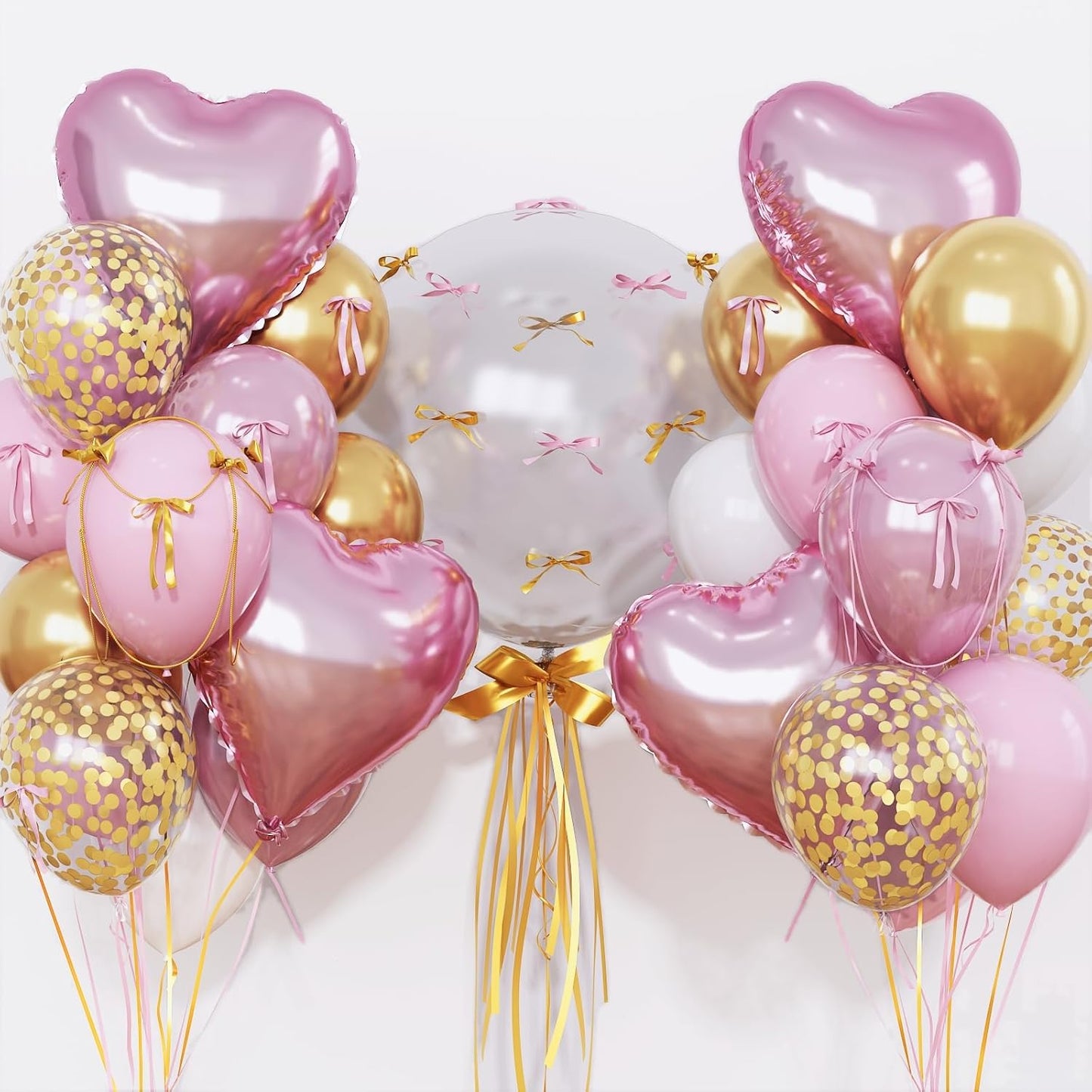 Light Pink and Gold Balloons Heart Shape Balloons, Pastel Baby Pink and White Party Decorations with Metallic Gold Confetti Balloon, 18 in Clear Heart Mylar Balloon for Princess Girls Birthday Decor