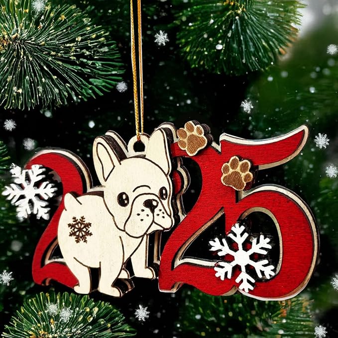 French Bulldog 2025 Christmas Ornament – Wooden Frenchie Dog Tree Decoration with Paw Prints & Snowflakes for Frenchie Lovers & Pet Owners