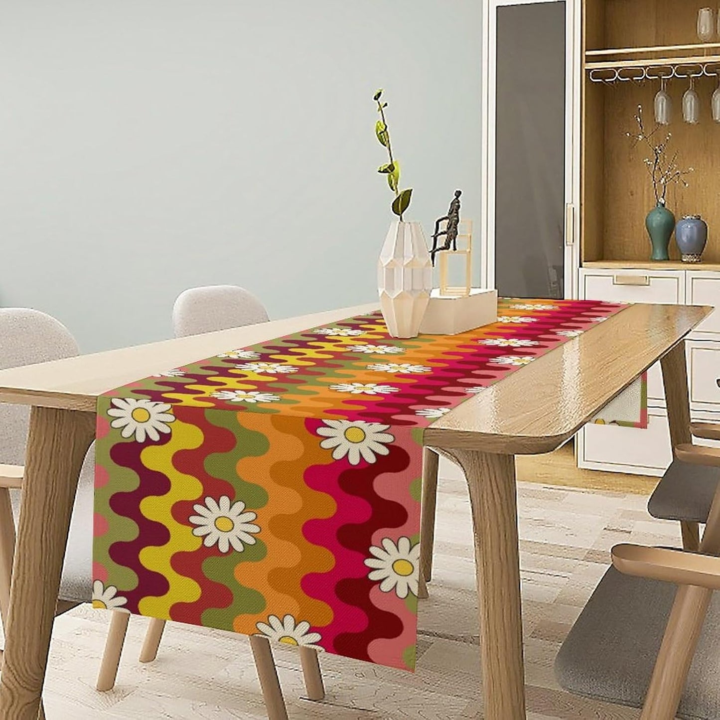 Vintage Floral Table Runner,60s 70s Colorful Retro Abstract Hippie Print Table Runner for Kitchen Dining Table Home Party Decoration 13x36 Inch