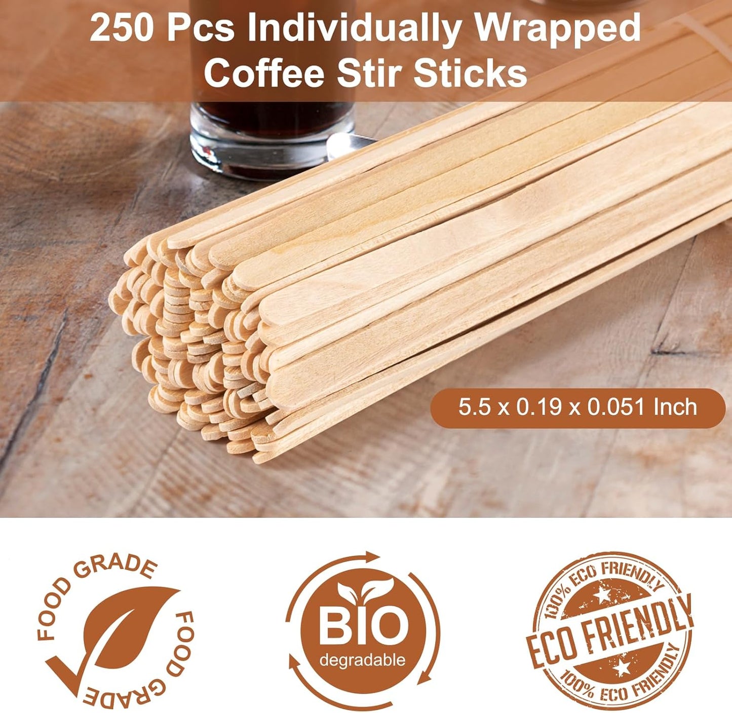 250 Pcs Coffee Stirrers 5.5 Inch Wood Coffee Stir Sticks Individually Wrapped Wooden Stir Sticks Disposable Wood Stir Sticks Eco-Friendly Wood Coffee Stir Sticks for Coffee, Cocktail (250 PCS)
