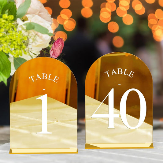 JOYIT Arch Wedding Table Numbers 1-40 with Stands – 5" X 7" Acrylic Mirrored Gold Table Number Holders, Perfect for Wedding Receptions, Parties, Anniversaries, and Events
