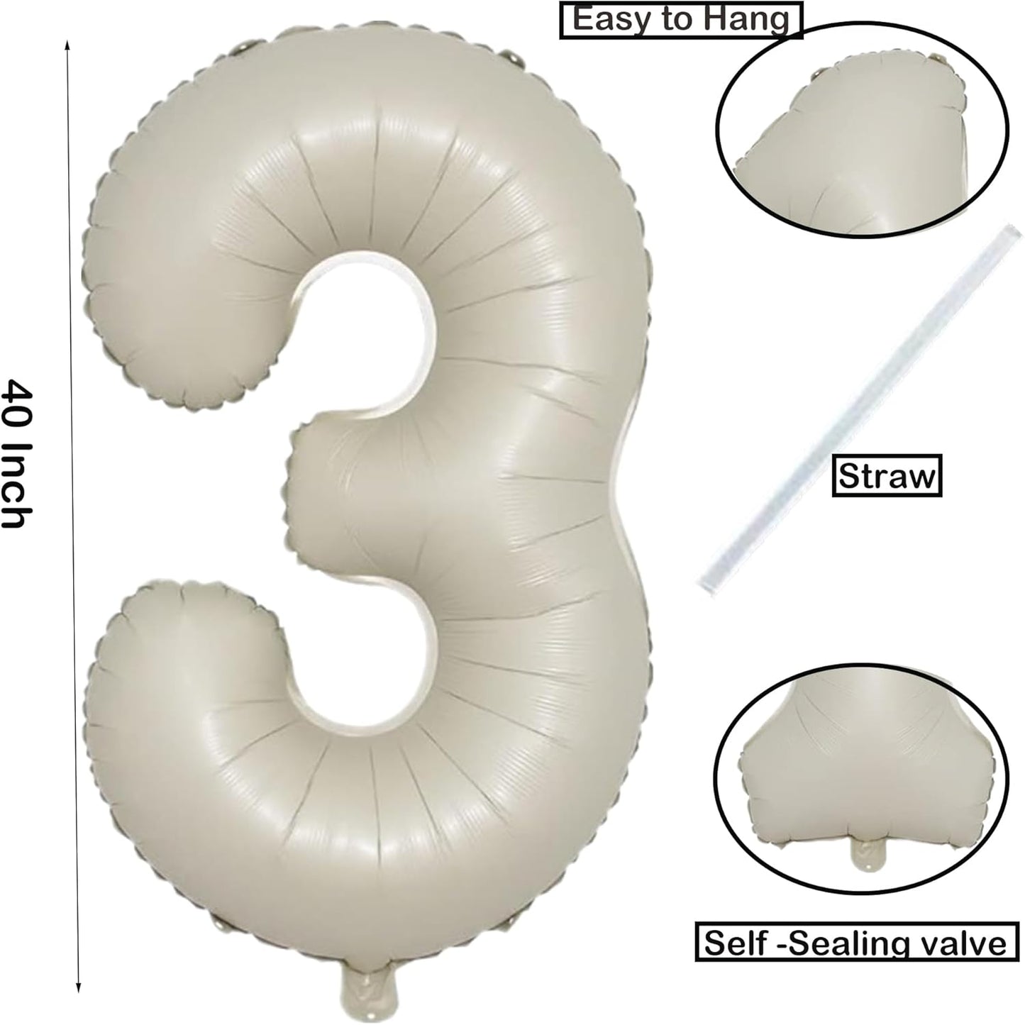 40 Inch Cream White Large 0-9 Numbers Balloons Digit 3 Helium Balloons 3rd Year Old Birthday Decor Foil Mylar Big Number Balloons for Birthday Party Anniversary Supplies