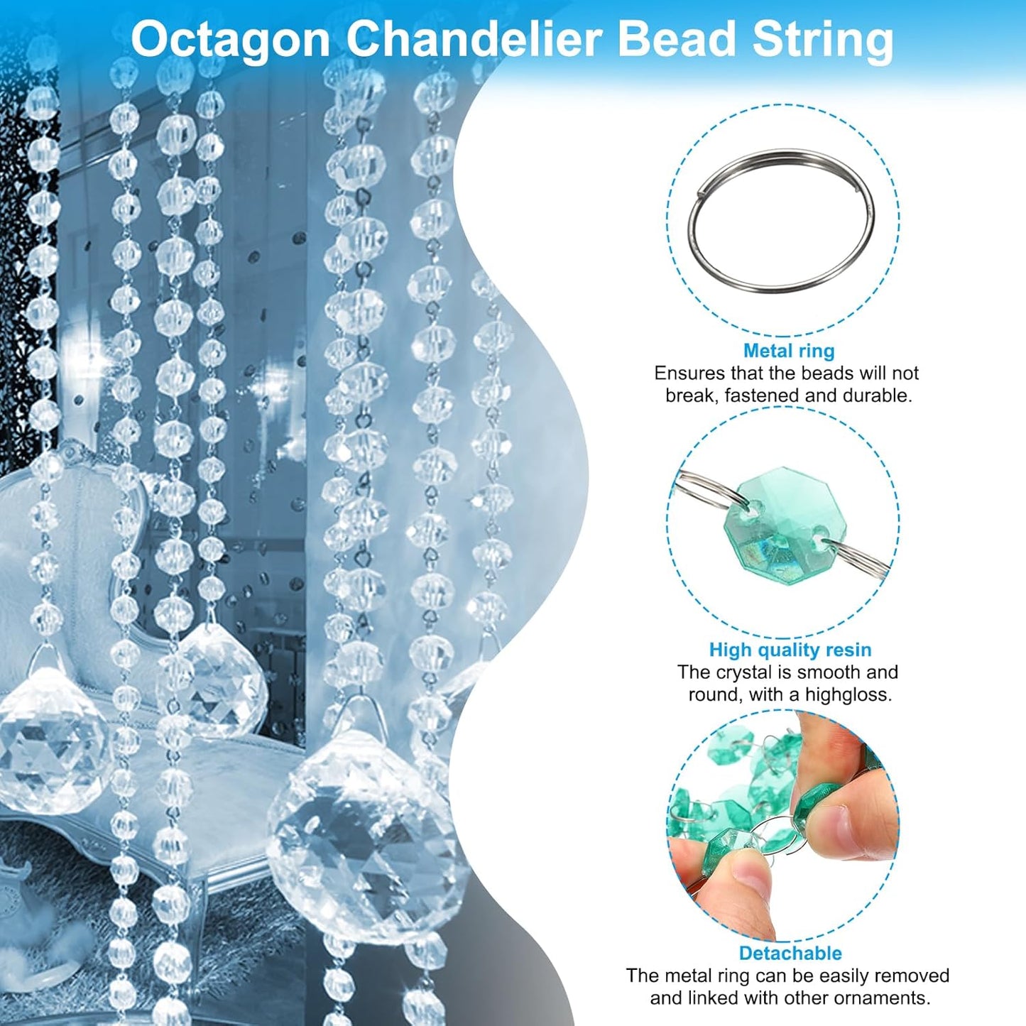 PATIKIL 14 mm Crystal Garland Strands, 32.8 Ft Acrylic Octagon Chandelier Bead Chains String for DIY Craft Wedding Party Home Decorative Jewelry Making, Blue