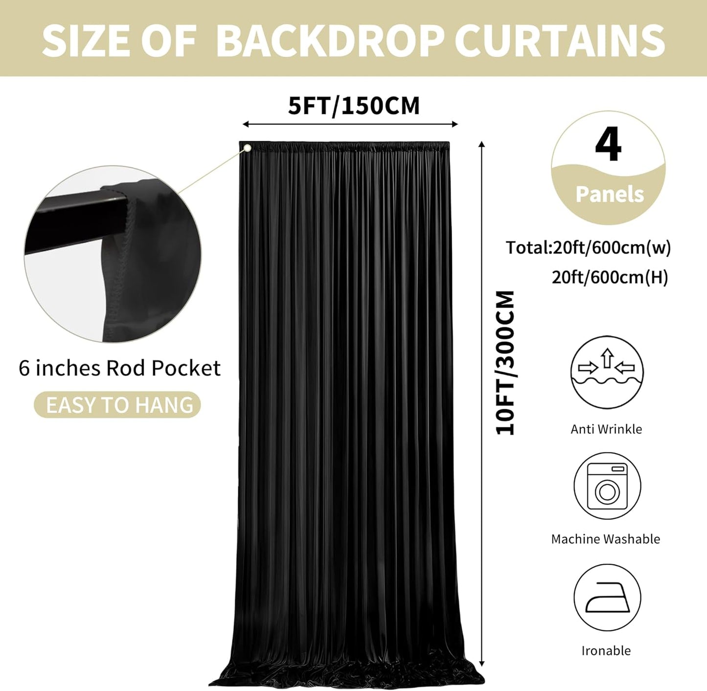 20x10ft Backdrop Curtains for Parties, 4 Panels 5x10ft Photography Backdrop Curtain with Rod Pocket,Backdrop Polyester Background Drapes,Wedding Backdrop Drapes for Birthday Baby Shower Home Decor