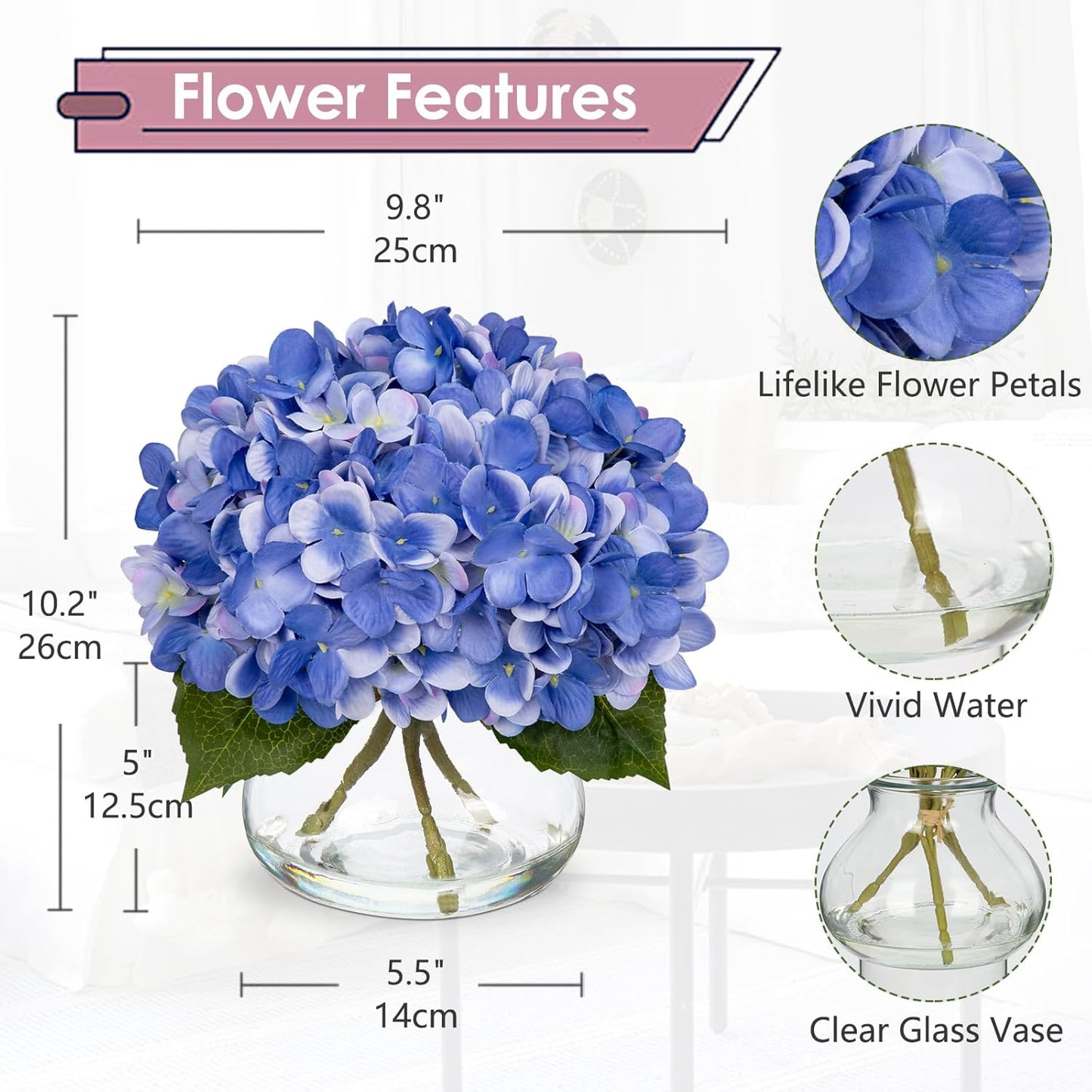 Hollyone Hydrangea Artificial Flowers with Vase Slate Blue Silk Fake Flowers Arrangements Floral Bulk Bouquet in Glass Vase with Faux Water for Home Bathroom Office Table Centerpiece Shelf Decorations