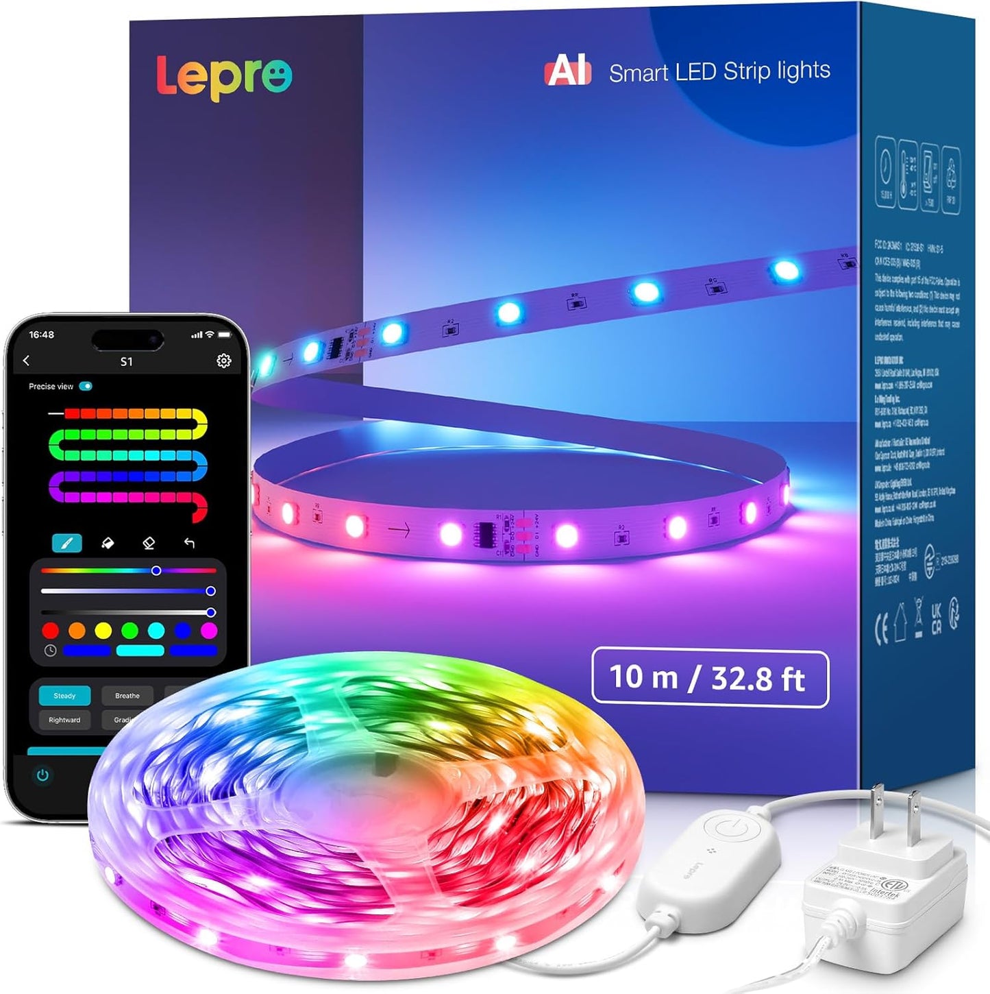 Lepro S1 AI LED Strip Lights for Bedroom - 32.8ft Smart RGB Light Strips with IC and Rainbow Chasing Effects, Color Segment DIY, AI Generated Lighting, No Remote, 2.4G Wi-Fi & Bluetooth