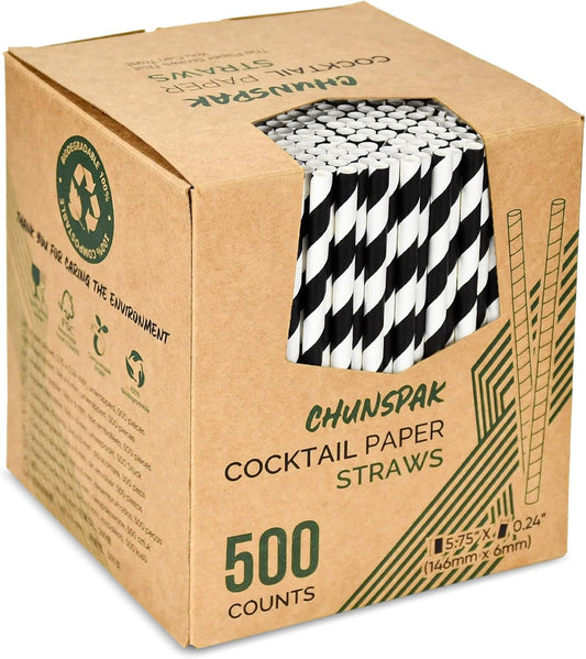[500 Counts] Chunspak 5.75 inch Eco-friendly Disposable Short Paper Drinking Straws Bulk for Cocktail, Mixed Drinks - Black White Striped
