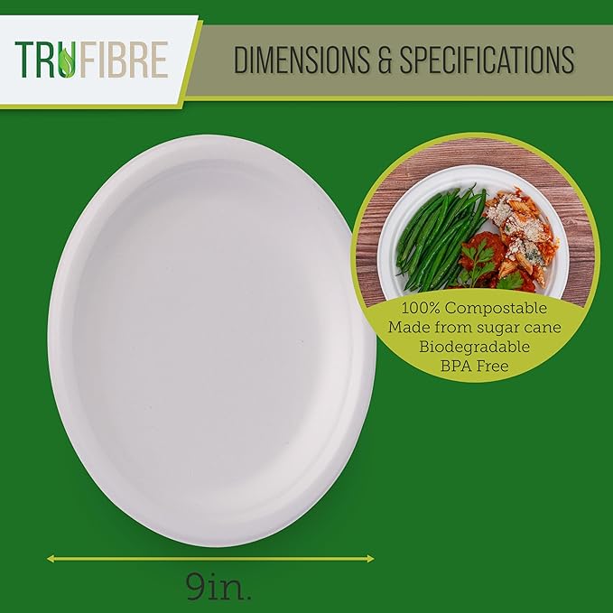 9-Inch 125-Pack Disposable Bagasse Paper Plates, Styro Foam Food Trays, Microwave Safe Meal Plates for Holidays, Party Favors & Events, Bulk