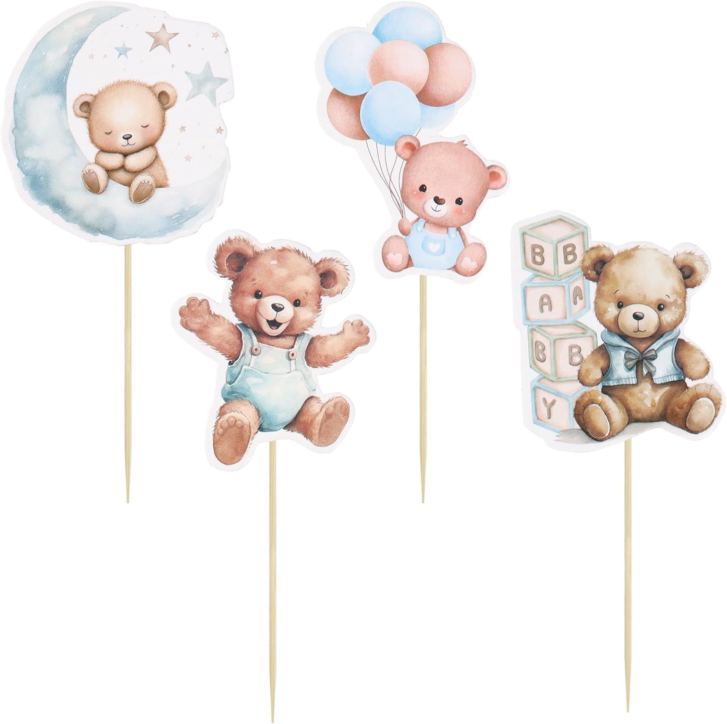 Gyufise 32Pcs Baby Shower Bear Cupcake Toppers Moon Baby Bear Baby Shower Cake Topper Decorations Jungle Animal Theme Birthday Party Cake Supplies Blue