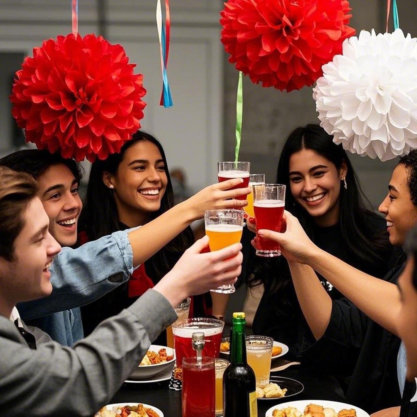 Capesaro Red and White Paper Pom Poms - 10",12" Tissue Pom Poms Decorations for Party Hanging Decor - 12 Piece Set