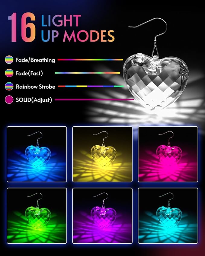 LED Earrings Light Up Earrings 16 Light Modes Rechargeable Disco Heart Earrings for Women Disco Party Decorations & Rave Accessories