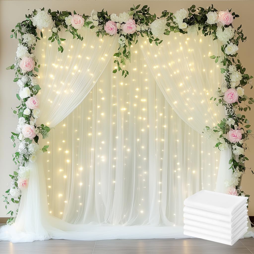 Fomcet Tulle Backdrop Curtains Ivory 30FT X 10FT Tulle Curtain with Lights String Sheer Backdrop Curtains for Parties Wedding Baby Shower Photo Shoot Decorations (6 Panels 5 x 10FT)