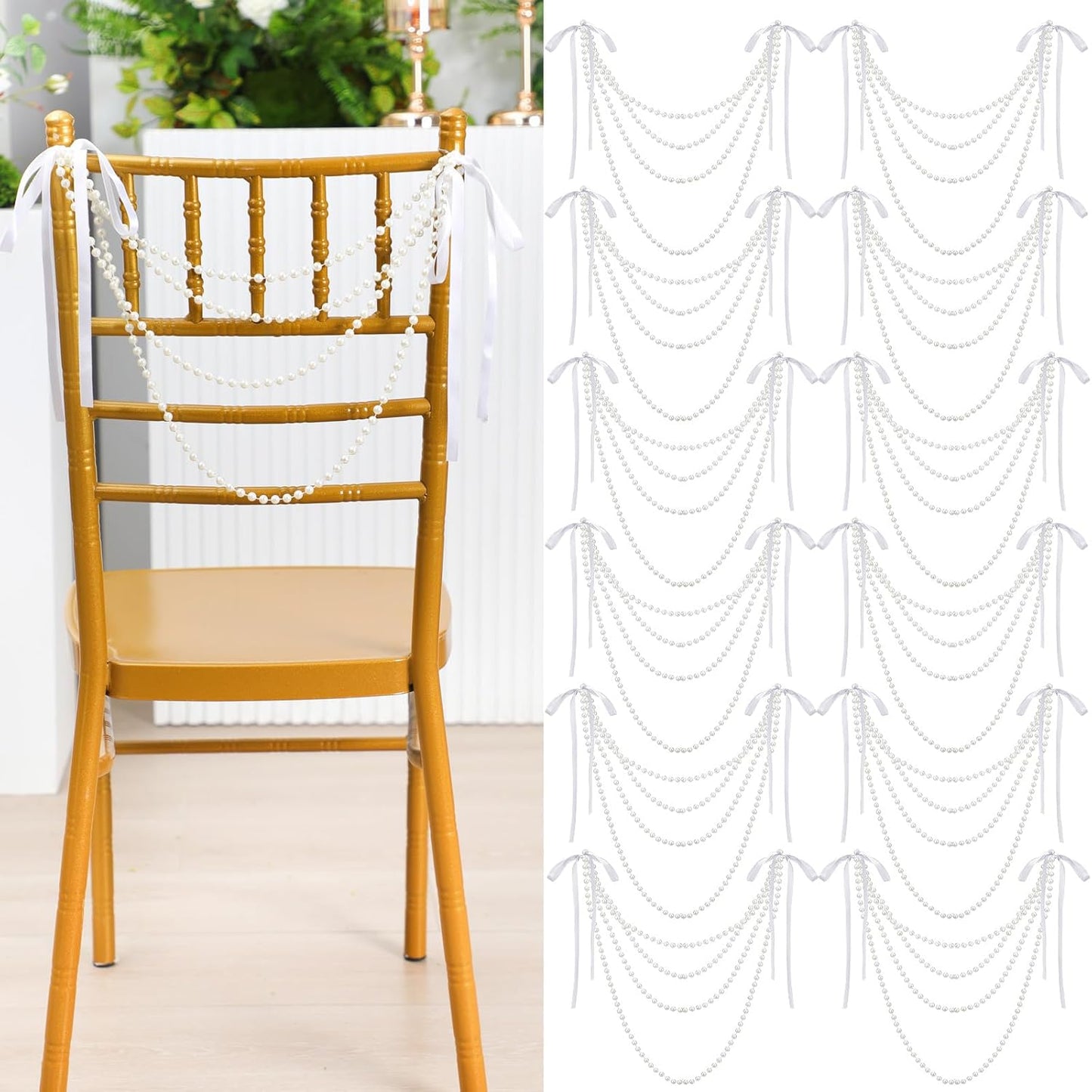 Wedding Pearl Bow Chair Decor Satin Ribbon Bows with Pearl Beaded String Garland Aisle Chair Sashes Decorations for Ceremony Coquette Party Banquet Decor