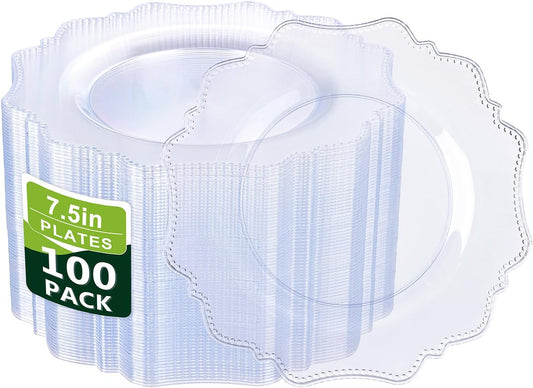 COLOSUS 100pcs 7.5 Inch Clear Plastic Dessert Plates-Heavy Duty Disposable Plastic Cake Plates,Premium Salad Plate,Fancy Disposable Cake Plate for Party for Party Wedding and Everyday Use