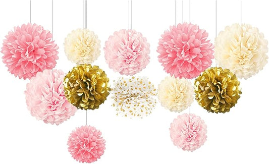 AOBKIAT Decorations Tissue Pom Poms Kit, 12 PCS Pink Gold Tissue Paper Flowers for Engagement Party Wedding Birthday Bridal Shower Bachelorette Baby Shower Ceiling and Party Backdrop Decor