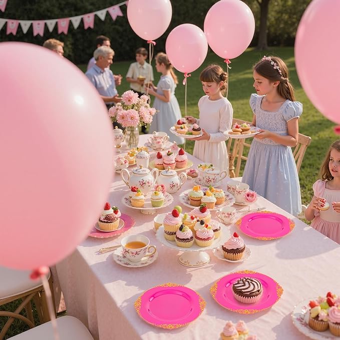 125PCS Hot Pink Plastic Plates - Pink Disposable Plate - Elegant Party Plates with Gold Plastic Silverware Sets for 25 Guests for Valentine's Day Party & Birthday & Baby Shower