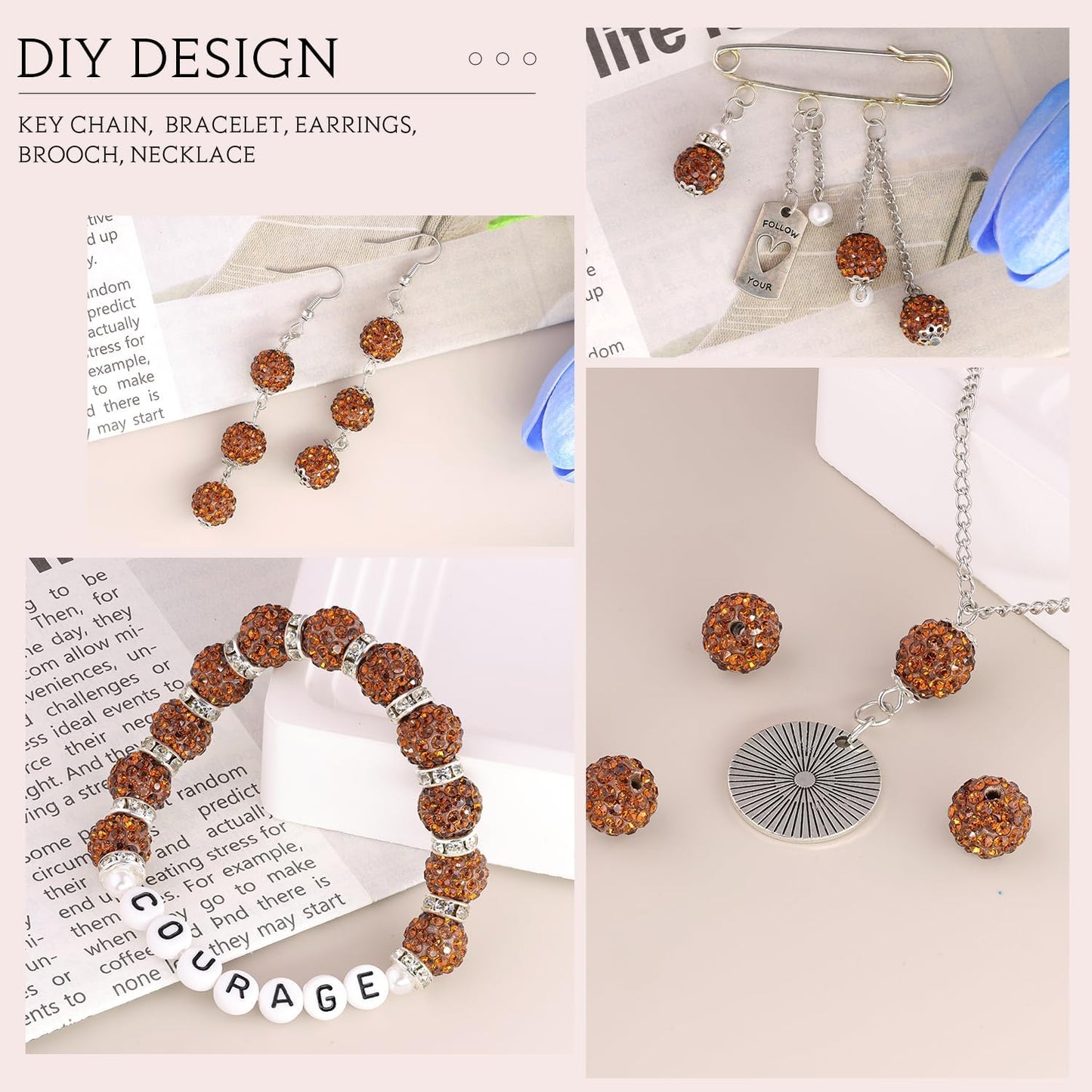 200pcs 10mm Brown Rhinestone Beads for Jewelry Making, Shiny Round Shamballa Disco Ball Beads Bulk, Sparkle Crystal Clay Christmas for Bracelet Baseball Necklace Earring Crafting and DIY