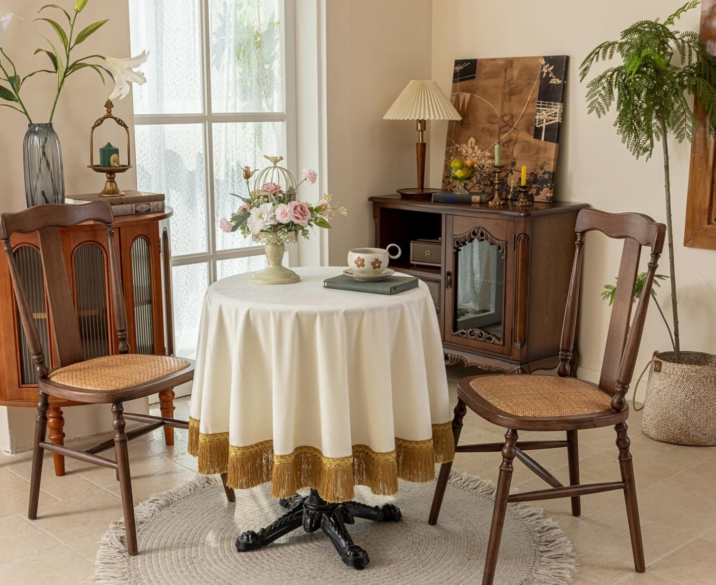 F-CHU White Tablecloth Thickset Velvet Tablecloth with Beautiful Gold Tassels Vintage Table Cloth for Home Decor Wedding, Party, Banquet and Events 70" Round