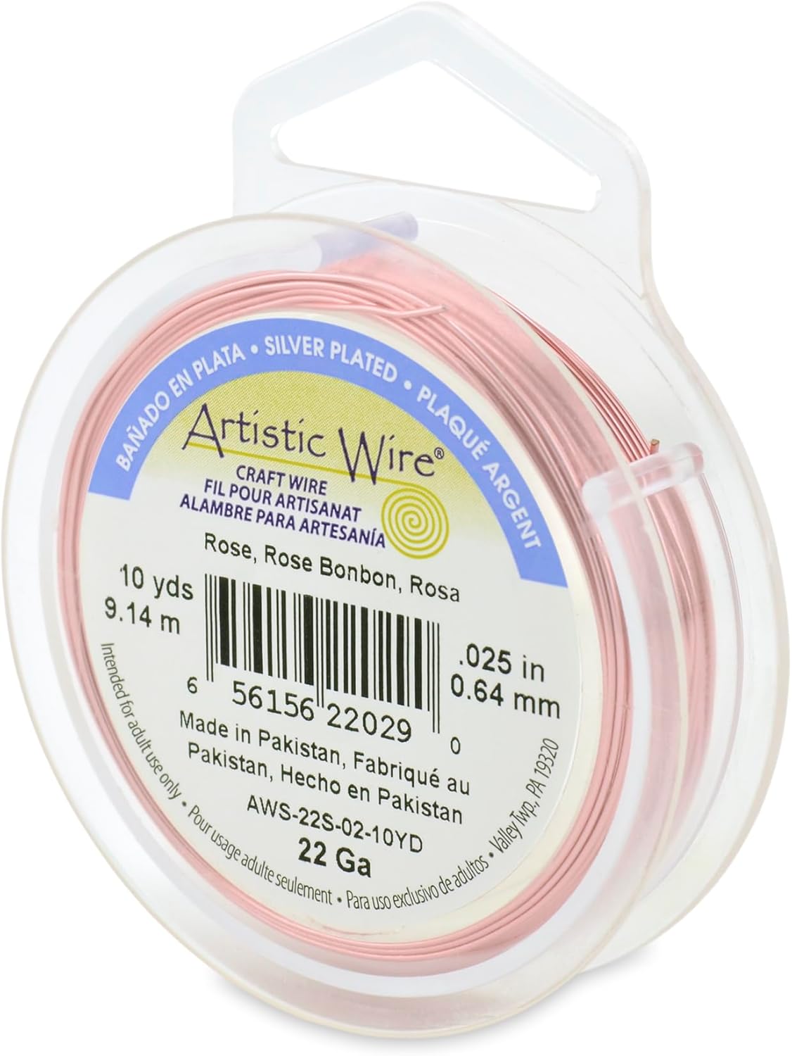 Artistic Wire, 22 Gauge Silver Plated Tarnish Resistant Colored Copper Craft Wire, Rose, 10 yd