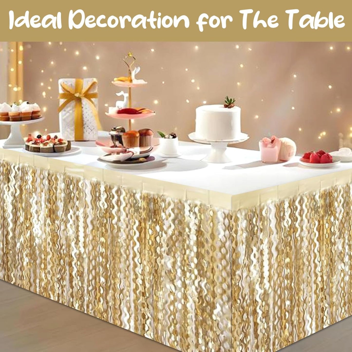 6 Pack 29 x108 Inch Champagne Gold Wave Foil Fringe Table Skirts Metallic Banner for Tinsel Streamer Garland Backdrop for Parade Floats, Mother's Day, Easter, Wedding, Birthday Party Decoration