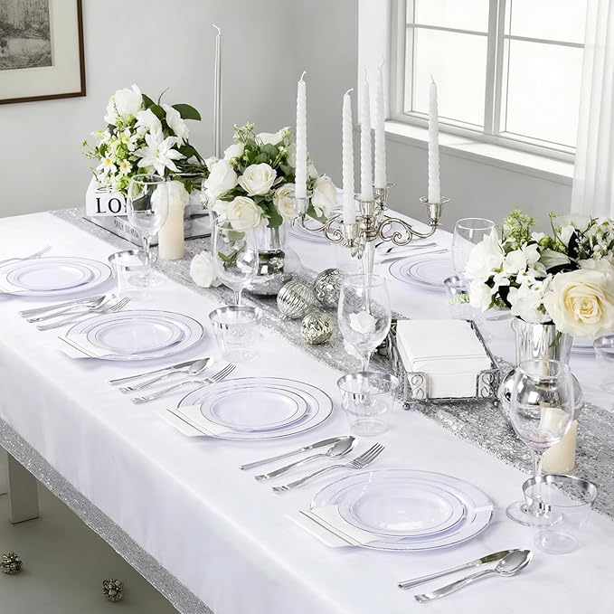 GATHER 700PCS Silver Plastic Plates - Silver Disposable Dinnerware Sets 100 Guest Include 200 Plates, 300 SIlverware, 100 Napkins, 100 Cups For Wedding & Party