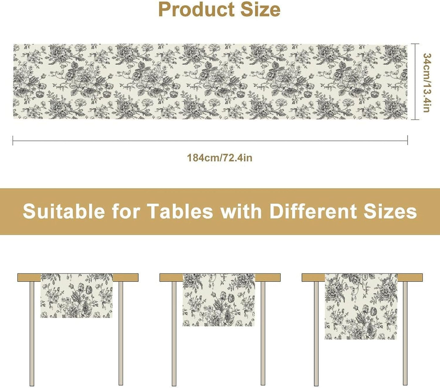 Vintage Flower Table Runner, Black White Wildfloral Floral Sketch Print Kitchen Dinning Table Runner for Indoor Outdoor Home Wedding Party Holiday, 13x120 Inch