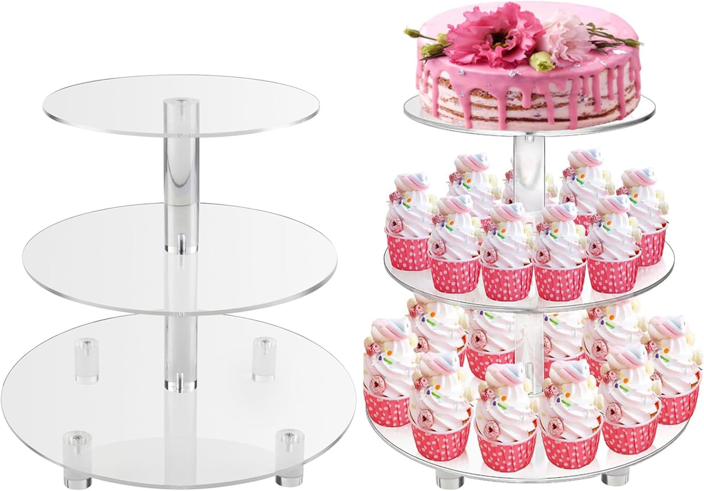 3 Tiers Round Cupcake Stand, Acrylic Cake Tower Stand Holder Macaron Display Rack Cookie Candy Buffet Desserts Platter with Base for Baby Shower, Birthday Party, Wedding, Party (3-Tiers with Base)