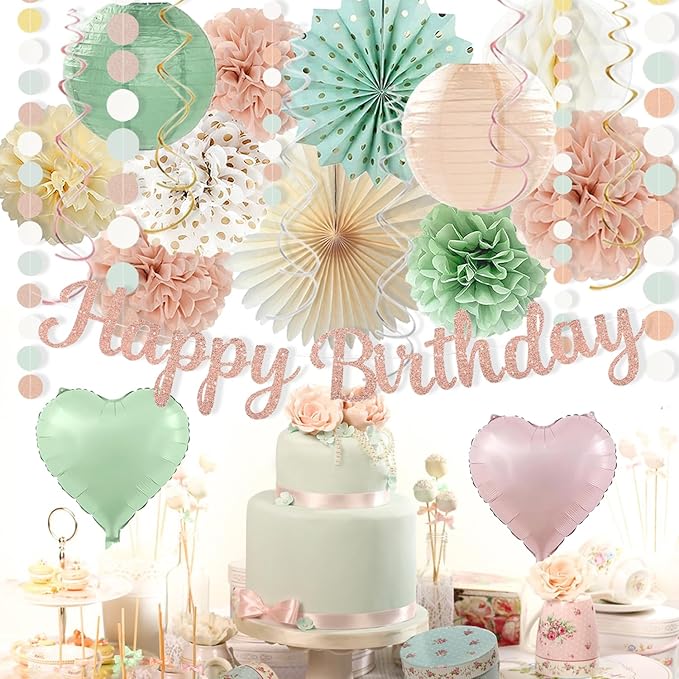 Sage-Green Blush-Pink Birthday Decorations for Women Girls, Cream Light Beige Happy Banner, Paper Lanterns Pom Poms, Olive Green Dusty Pink Balloons, Boho Fairy Anniversary Princess Party Décor