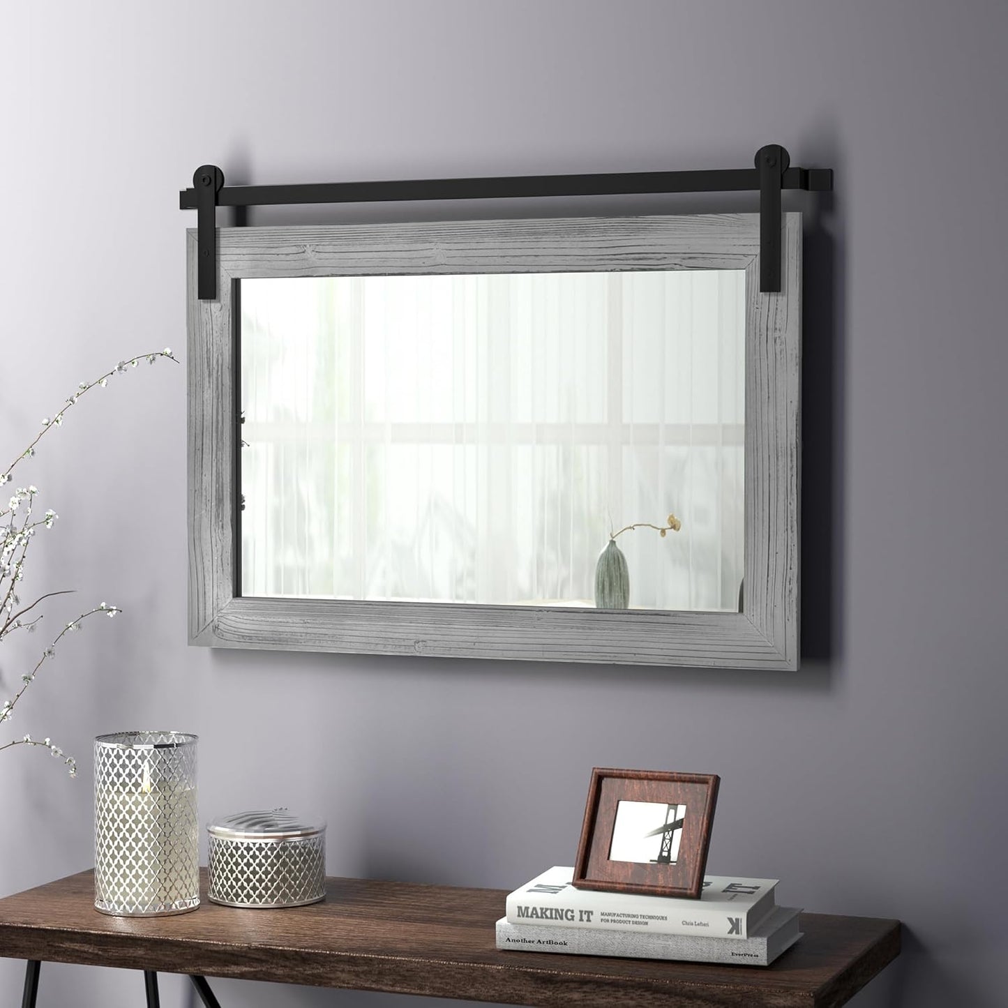 COGOOD Farmhouse Bathroom Mirror - 41" x 30" Rustic Barn Door Mirror for Living Room, Entryway, Bedroom, Vanity Wall Decor (Grey)