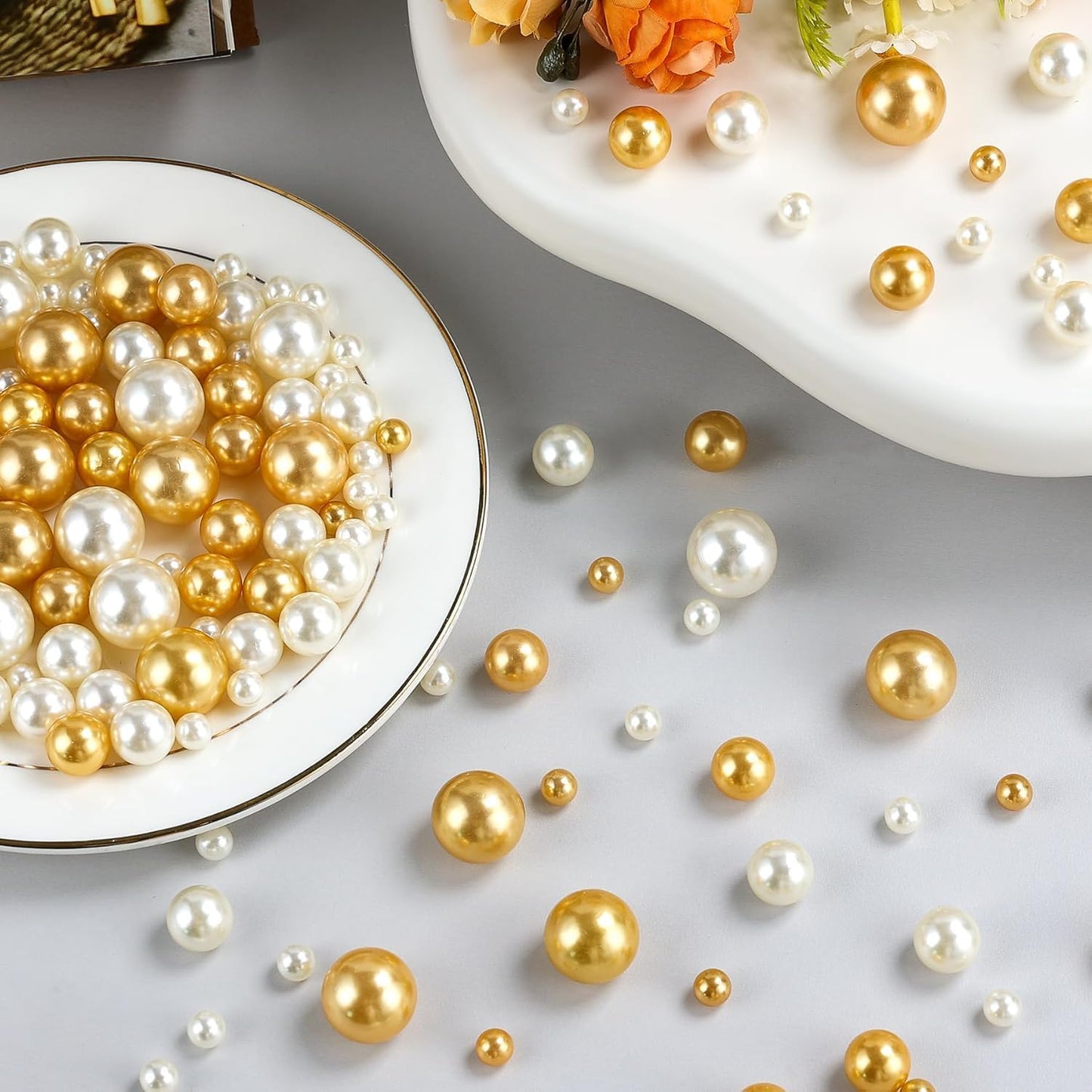260Pcs Gold andCream Glossy Beads for Centerpiece Decor, Artifical Pearls Vase Filler, Makeup Brush Beads, No Hole Round Pearl Beads for Wedding Birthday Christmas Party Home Decor(18mm 14mm 6mm)