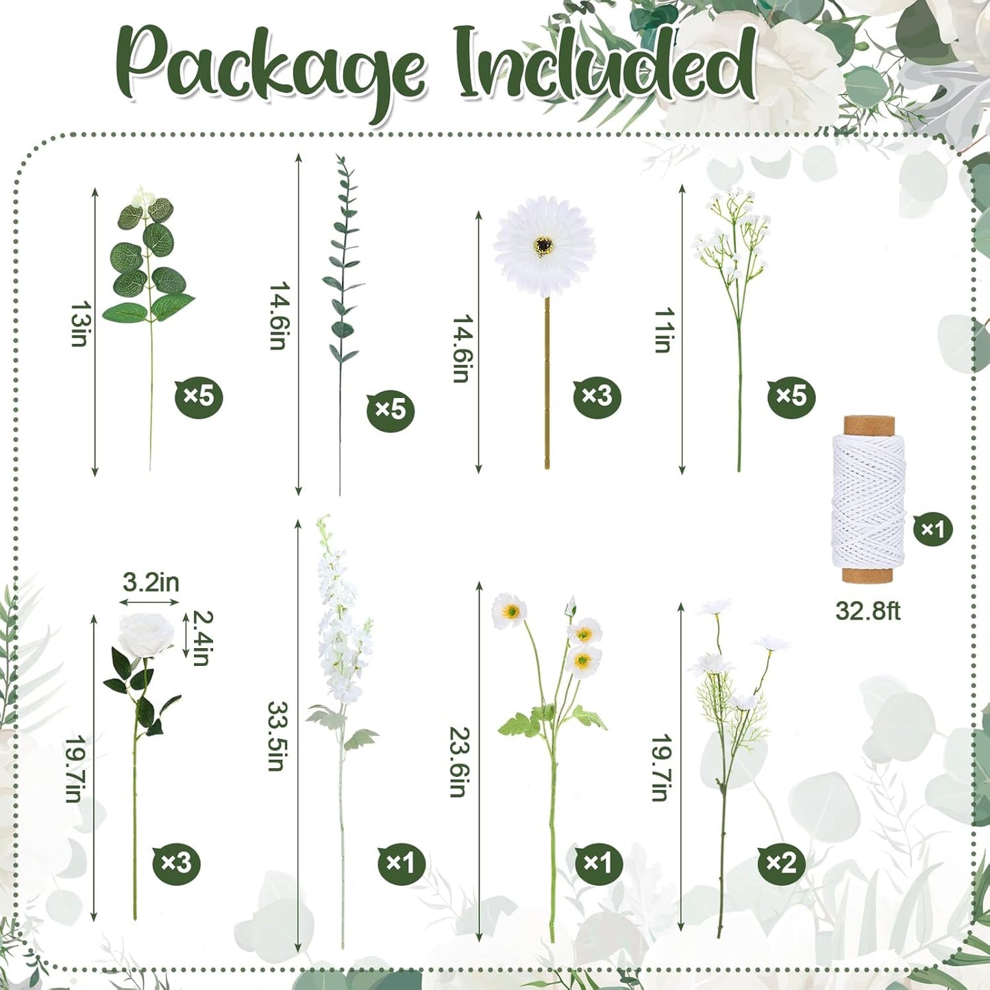 Hoteam 26 Pcs DIY Flower Garland Artificial Hanging Wildflower Backdrop Set Fake Rose Eucalyptus Daisy Poppy Wild Flower Decor for Wedding Party Birthday Home Garden (White)