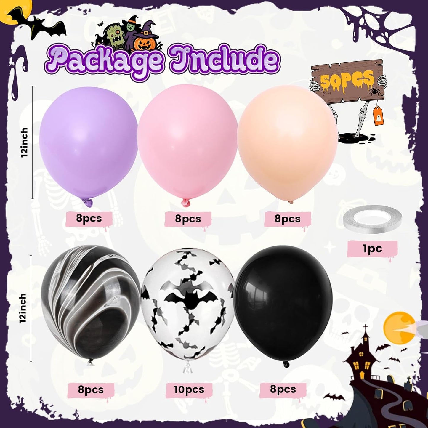 Paready Halloween Balloon, 50pcs Pink Purple Black Balloons, Bat Printed Balloons Black Marble Balloon For Retro Halloween Masquerade Vampire Haunted House Themed Birthday Party Decor Decorations
