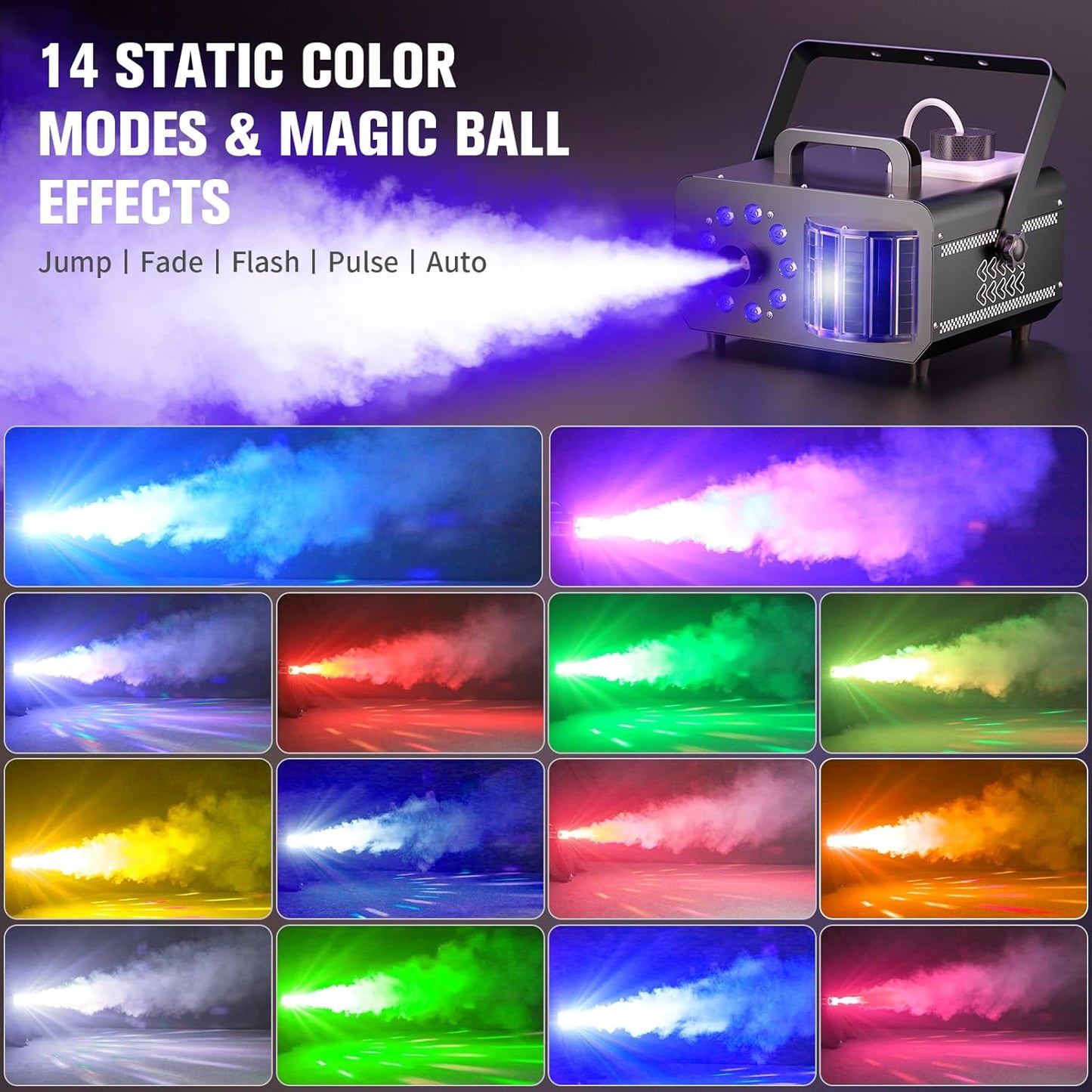 Fog Machine with RGBW LED Lights, 1200W Professional Smoke Machine, 1L Tank, 3000CFM Output, 14 Colors for DJ Party Stage Wedding Halloween 2PACK
