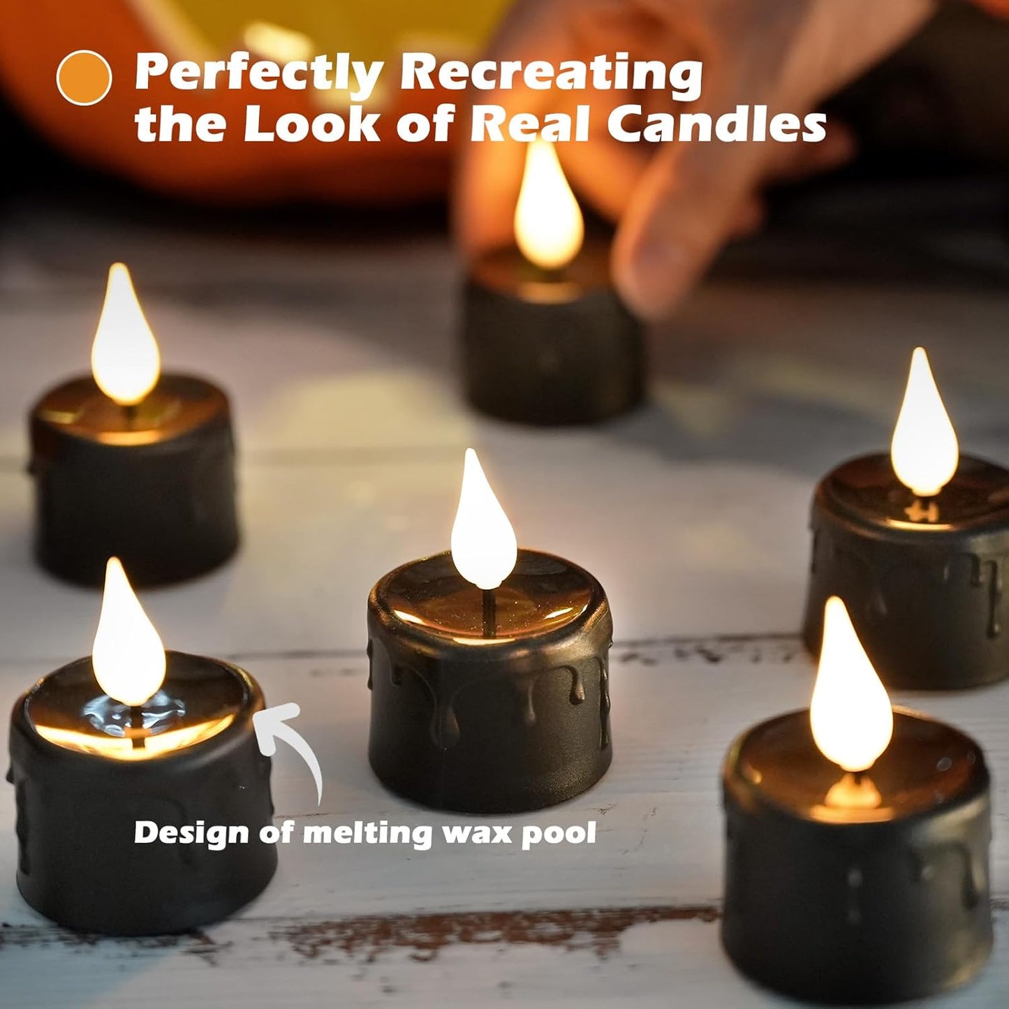 FREEPOWER Black Tea Lights Candles (NO Remote),Rechargeable Flameless Candles with 6 Hour Timer,LED Tealight Candles,Flameless Tealights Flickering Realistic for Halloween Decorations,Set of 6