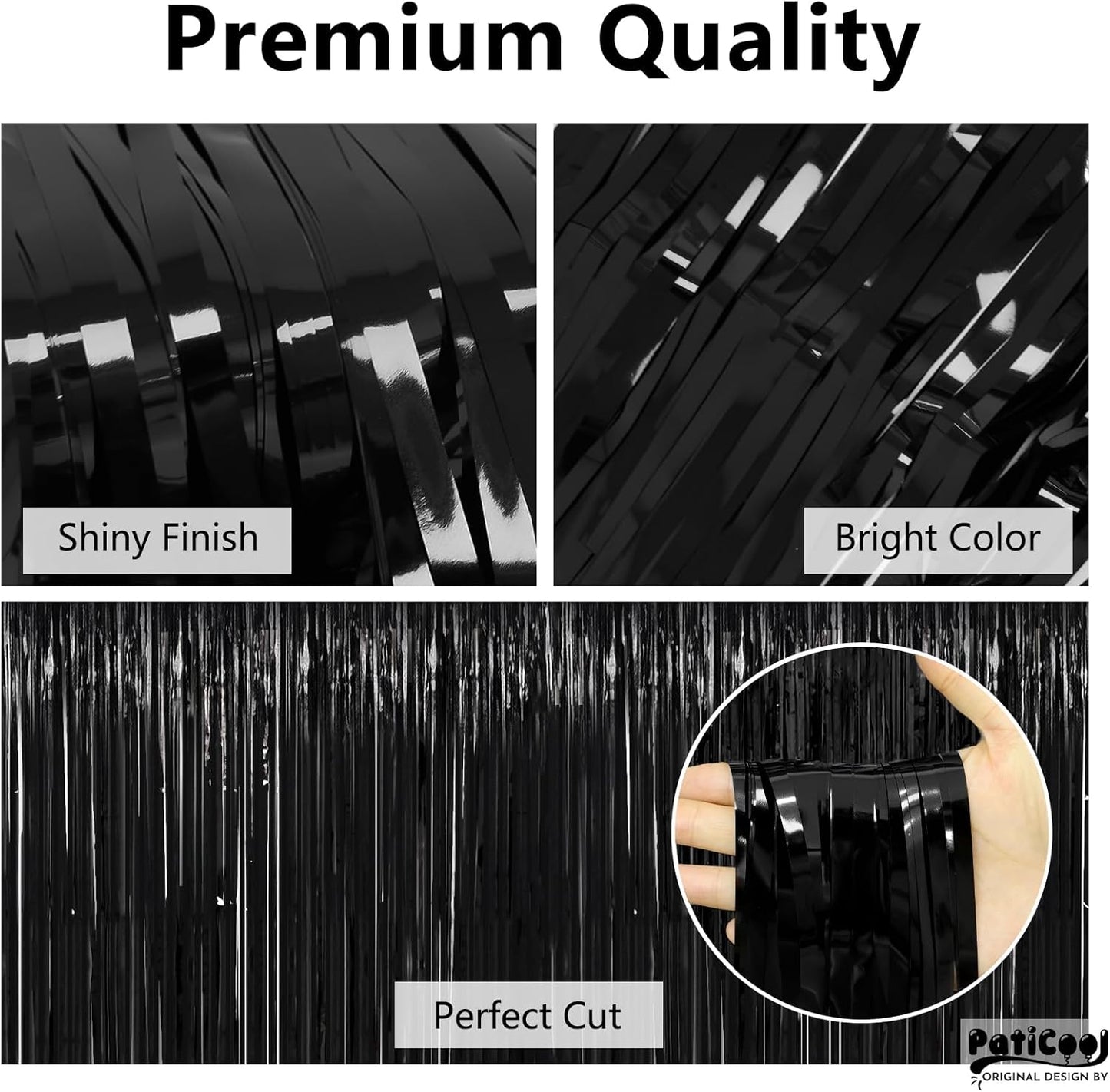 Black Streamers Party Decorations - Thicken 2 Pack 3.2 x 8.2 FT - Black Tinsel Foil Fringe Backdrop Curtains, Photo Booth Props for Birthday, Halloween, Retirement, Bachelor Party Decorations