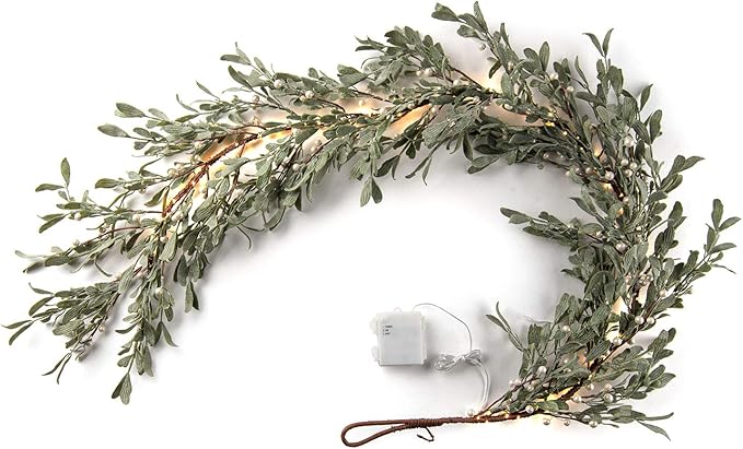 LampLust Lighted Garland Battery Operated, 6 Ft Frosted Mistletoe with Pearl Beads, 100 LED Lights & Timer, Spring Garland for Mantle All Year Round, Farmhouse Dining Table Decor, Spring Table Décor