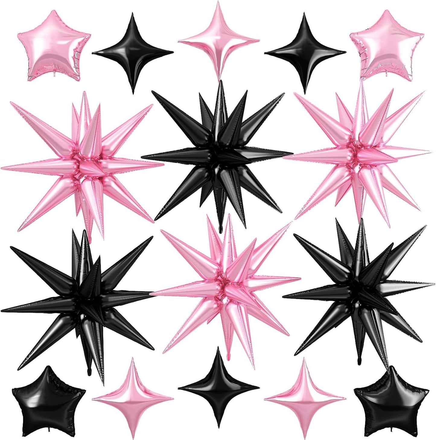 Pink Black Star Balloon,16Pcs Star Foil Balloons Set with 22Inch Explosion Spike Cone Balloons and 10Inch Quadrangle Helium Balloon for Birthday Wedding Baby Shower Party Decorations