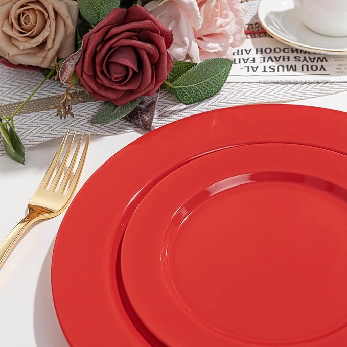 FLOWERCAT 200PCS Red Plastic Plates Disposable Plates for Party - Heavy Duty Plastic Plates - 10" &7" Plate for 100 Guests New Year Parties and Events &Christmas