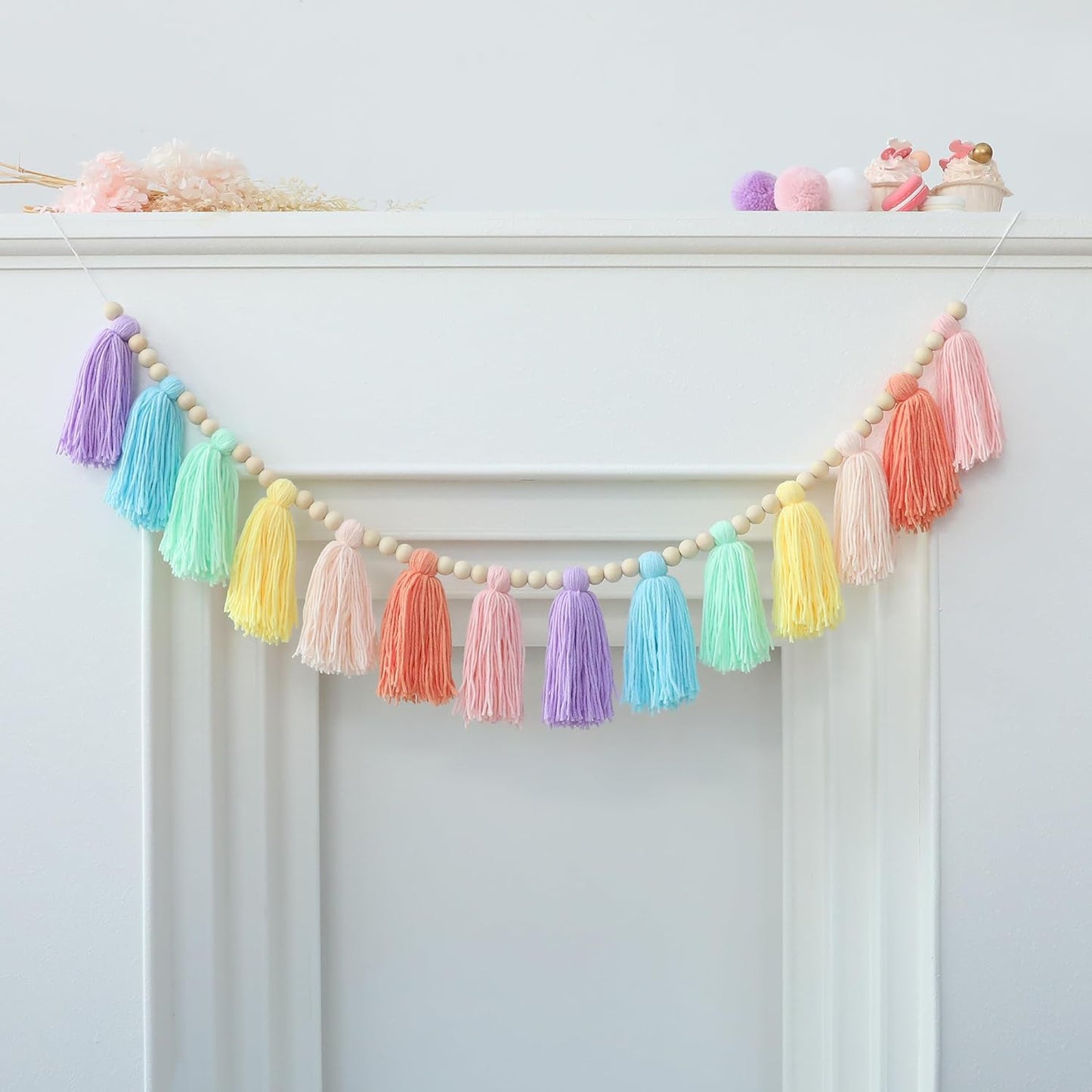 Pastel Rainbow Boho Tassel Garland Wall Hanging with Wood Beads for Baby Shower Birthday Party Classroom Dorm Nursery Decor