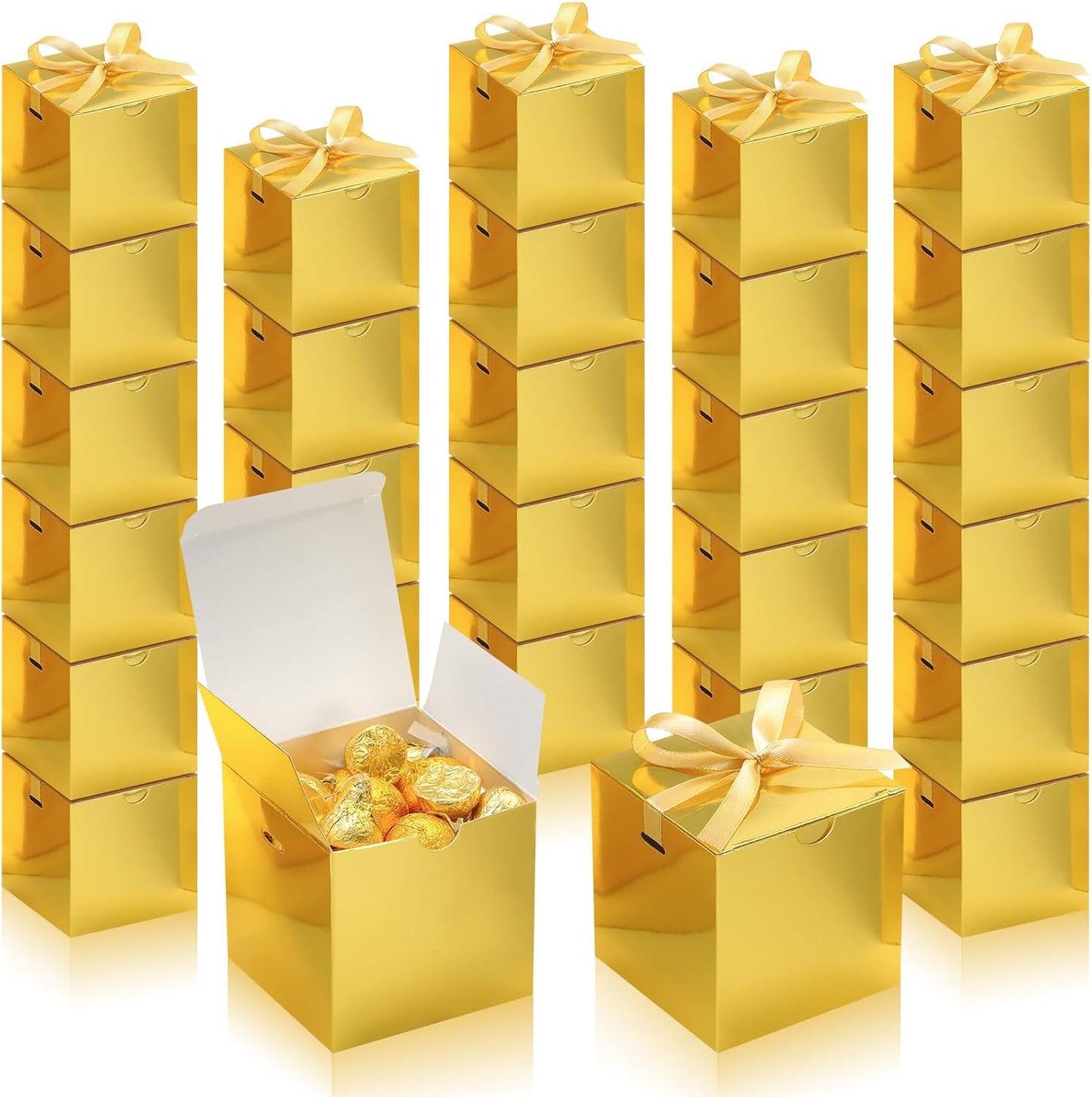 DOYIDE 60 Pcs Small Gift Boxes, 3x3x3 inches Kraft Paper Gift Box with Ribbons, Gold Candy Boxes for Christmas Wedding Favors Baby Shower Bridal Shower Birthday Party