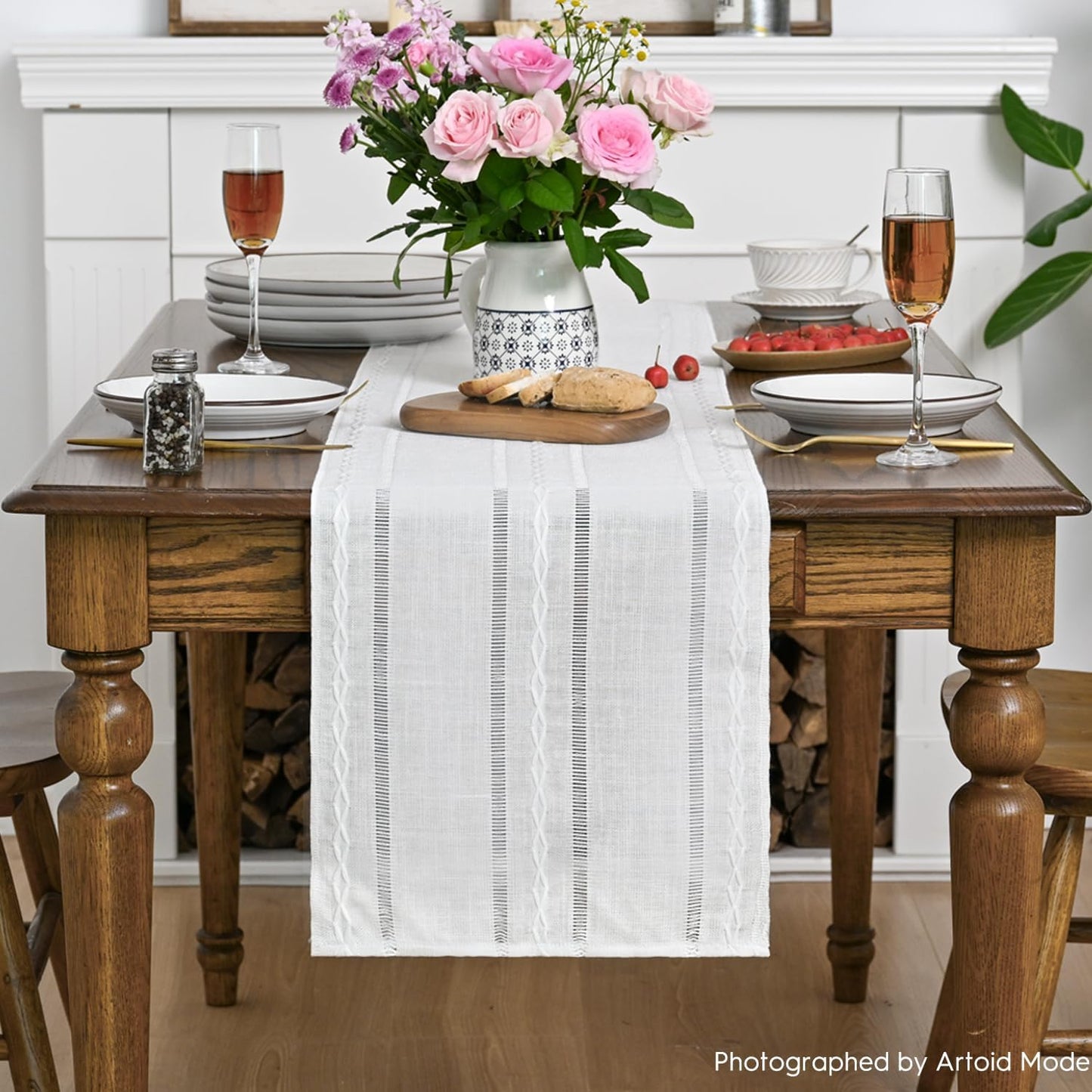 Artoid Mode Rustic Cotton Linen Table Runner, Seasonal Embroidered Hollow Kitchen Dining Table Decoration for Home Party Decor 13x72 Inch