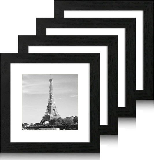 8x8 Picture Frames Set of 4 with High Definition Real Glass, Black Frames Display 6x6 Picture with Mat or 8x8 Without Mat, Wood Square 8 x 8 Photo Frame for Wall Mount and Tabletop Display