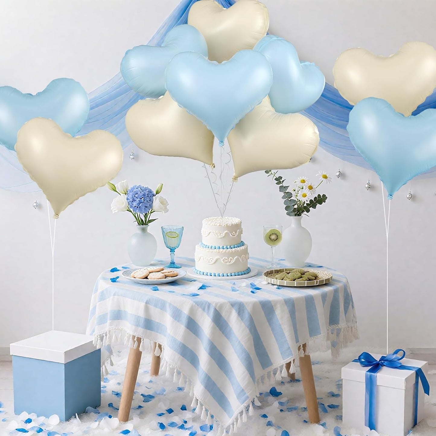 Blue White Heart Balloons,24Inch Large Cream White Heart Foil Balloons for Valentine's Day Birthday Baby Shower Anniversary Party Decorations
