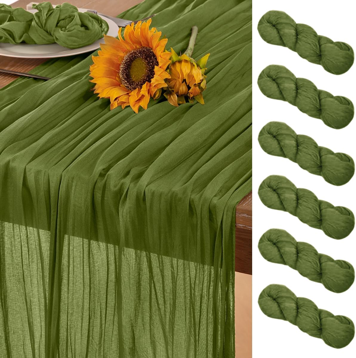 Olive Green Cheesecloth Table Runner 6 Pack Fall Table Runners Boho Gauze 120 Inches Green Fall Cheese Cloth Table Decorations for Thanksgiving Wedding Bridal Baby Shower Tea Party