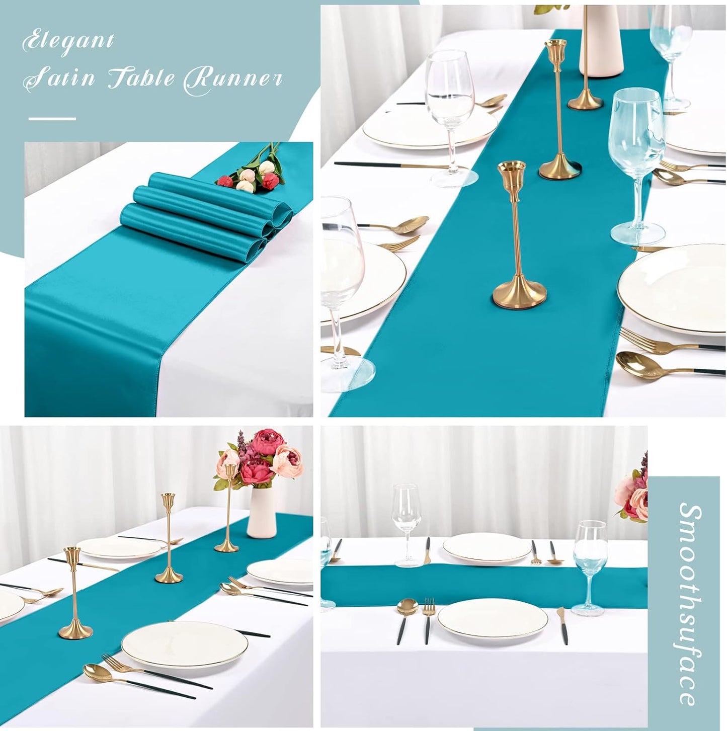 12 Pack Turquoise Satin Table Runner,12 x 108 inch Long Premium Smooth Table Runner for Wedding, Banquets, Birthday, Party,Graduation,Engagements,Table Runners fit Rectangle and Round Table