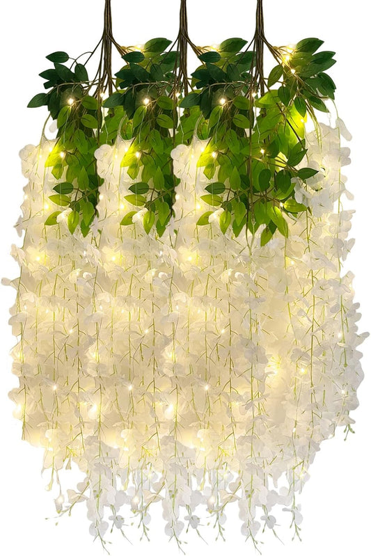 12 Pack White Wisteria Hanging Flowers Garland with Lights, 3.44 Feet Artificial Flower Vines, Fake Wisteria, Artificial Vines Hanging Garland for Backdrop Outdoor Patio Garden Decor